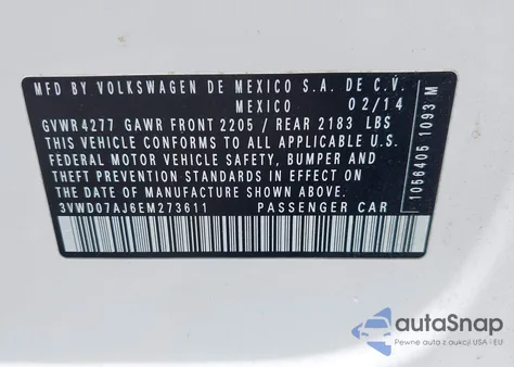 2014 Volkswagen Jetta 1.8T Se z USA, uszkodzony, nr VIN 3VWD07AJ6EM273611